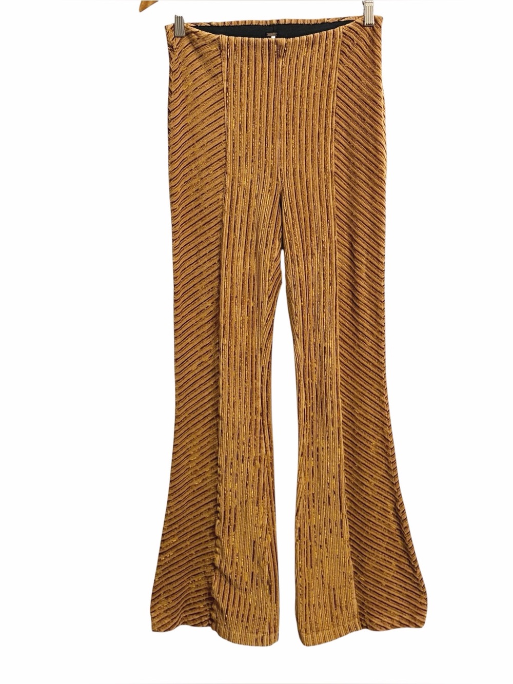 Free People Penny Boho Pull On Ribbed Velvet Ribbed Flare Pants S Golden Retro